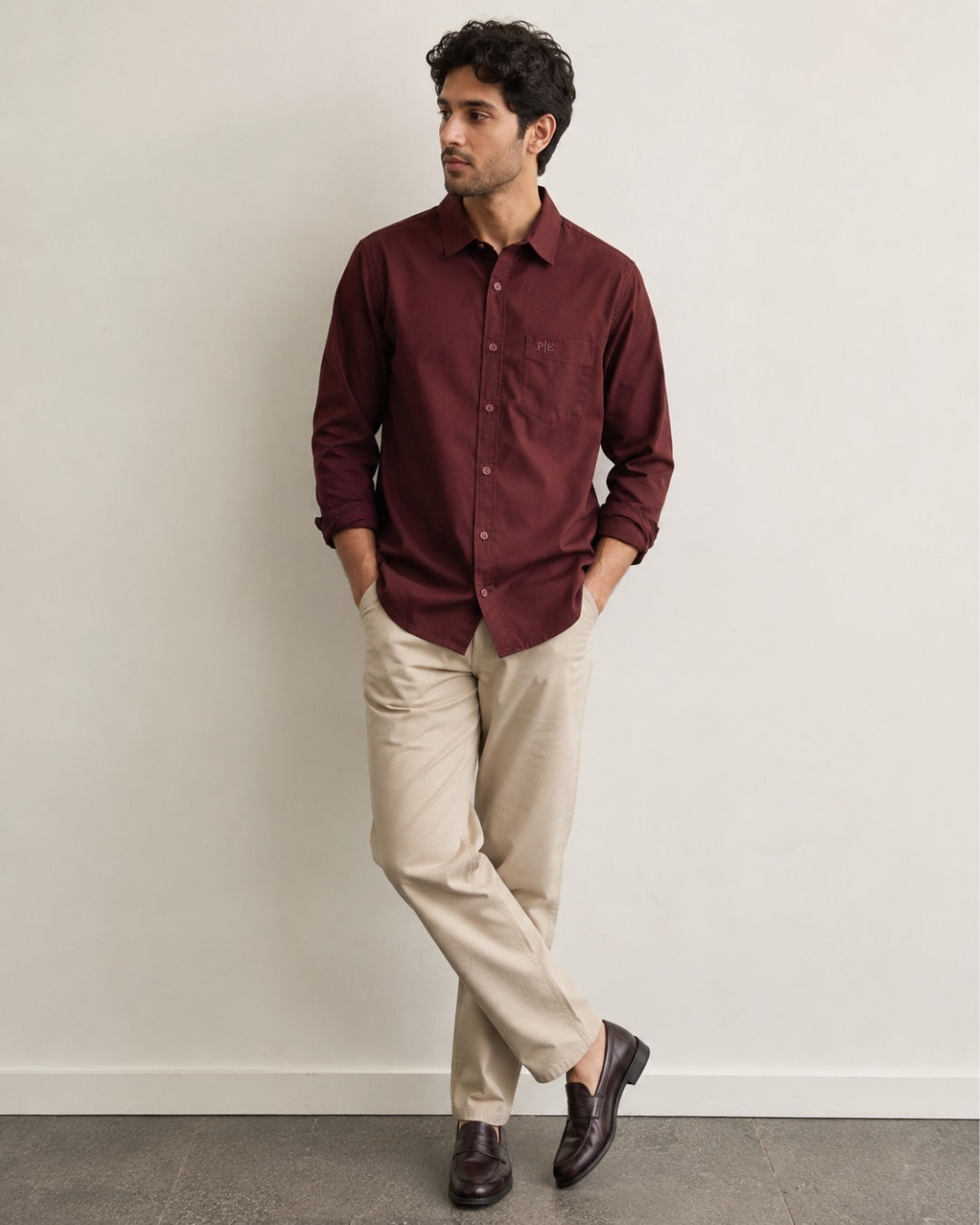 PRIME EXCHANGE-Burgundy Long-Sleeve Shirt