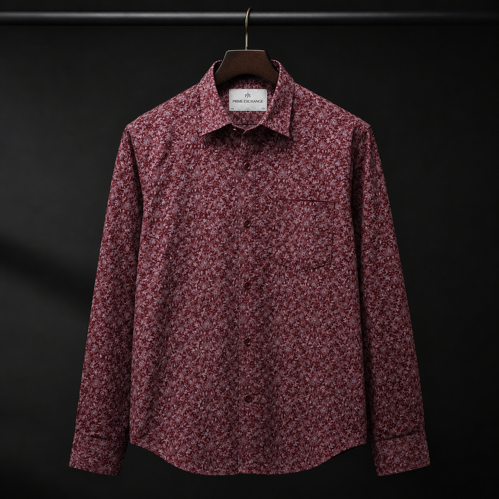 PRIME EXCHANGE-Red Geometric Pattern Long Sleeve Button-Up