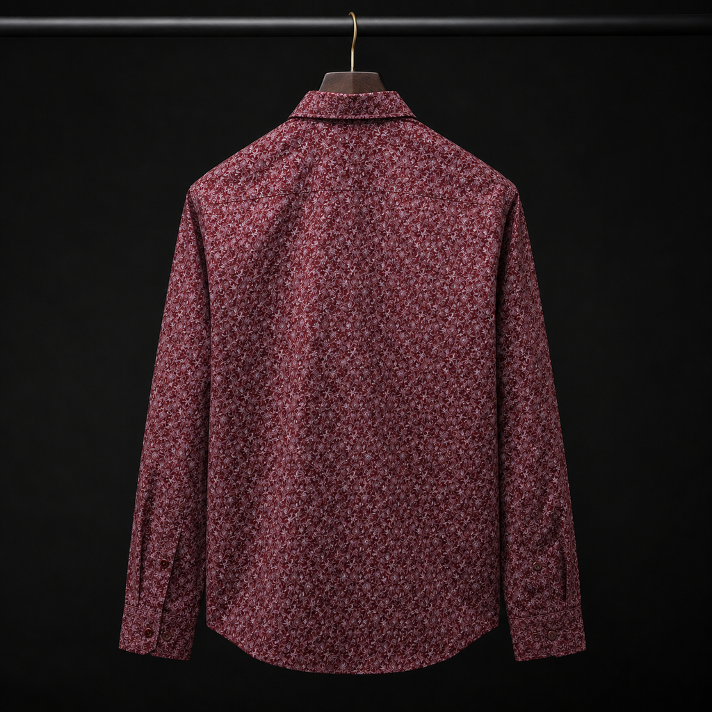 PRIME EXCHANGE-Red Geometric Pattern Long Sleeve Button-Up
