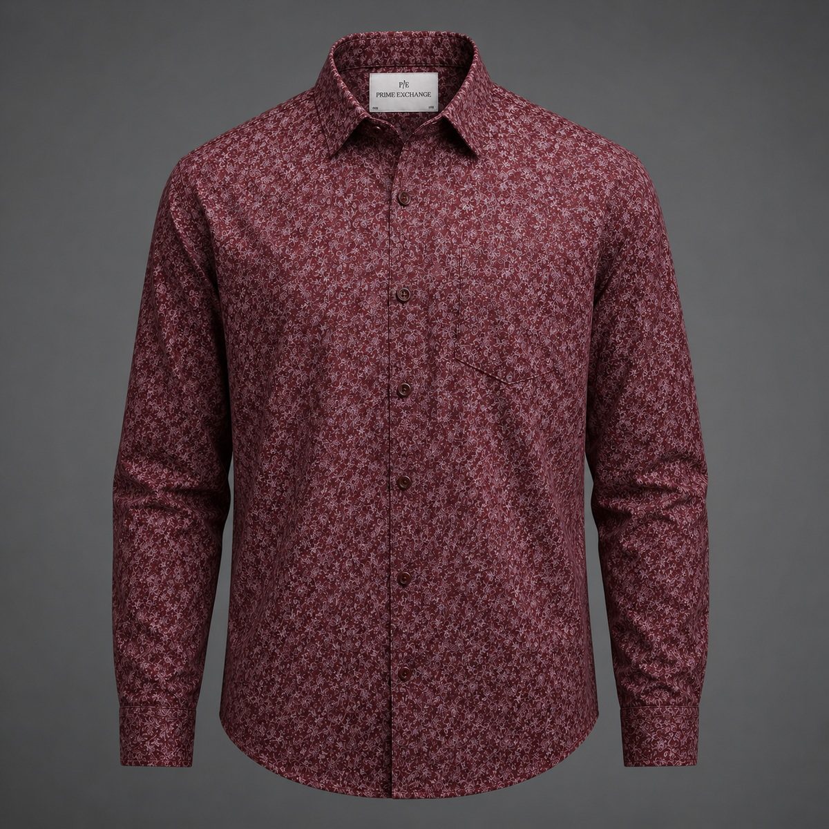 PRIME EXCHANGE-Red Geometric Pattern Long Sleeve Button-Up