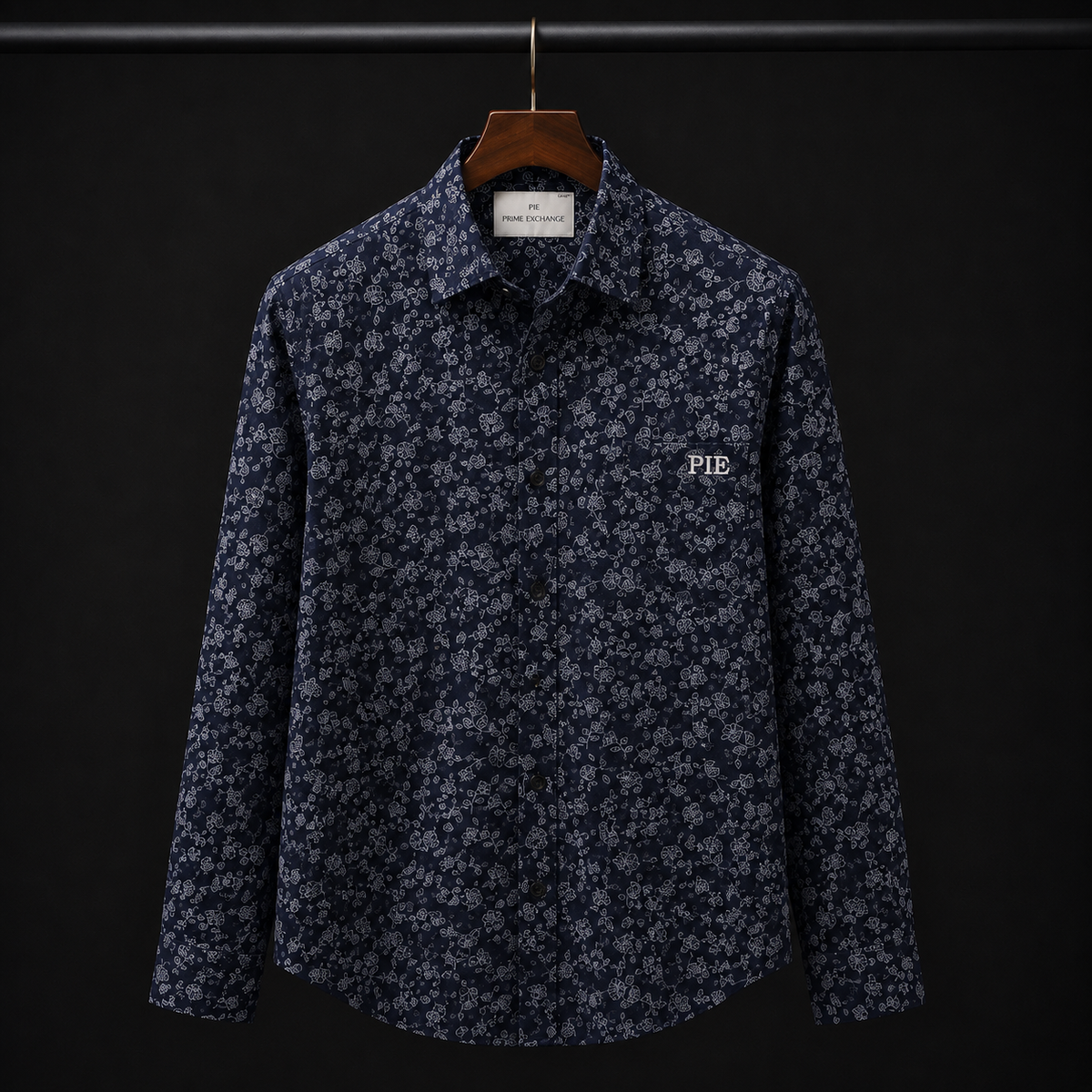 PRIME EXCHANGE-Navy Blue Micro-Patterned Long Sleeve Button-Up