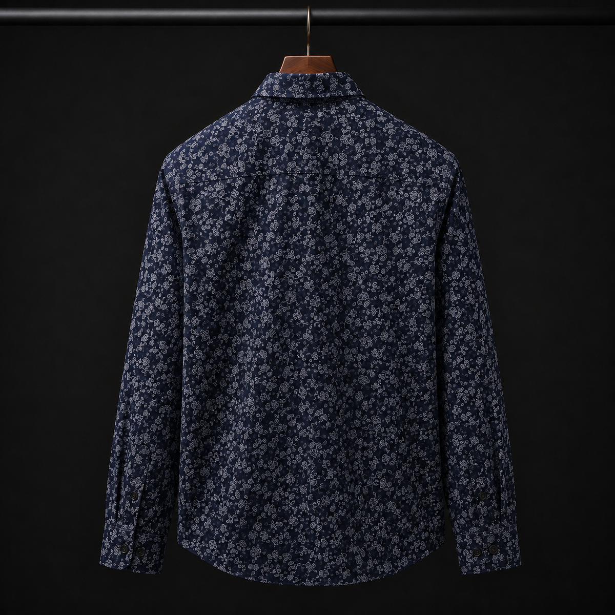 PRIME EXCHANGE-Navy Blue Micro-Patterned Long Sleeve Button-Up