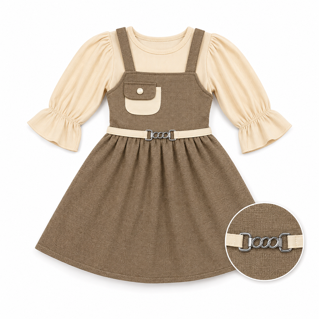 MINI SMILE-Girls' Brown Pinafore Overall Dress & Beige Top 2-Piece Set