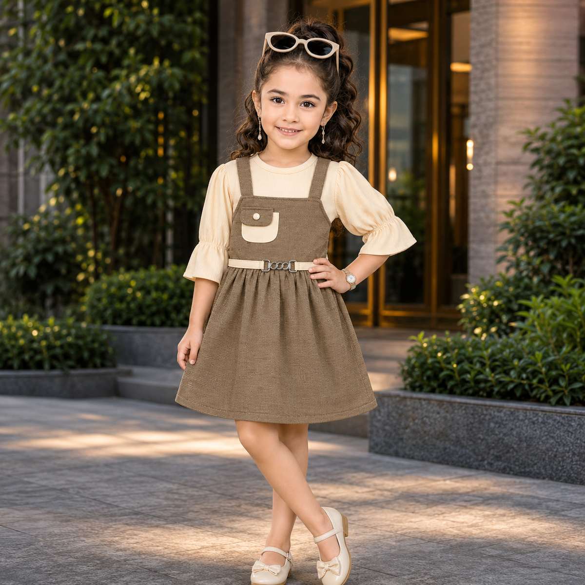 MINI SMILE-Girls' Brown Pinafore Overall Dress & Beige Top 2-Piece Set