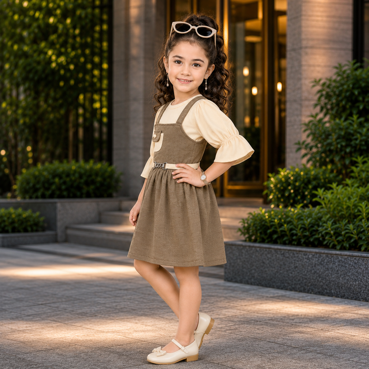 MINI SMILE-Girls' Brown Pinafore Overall Dress & Beige Top 2-Piece Set
