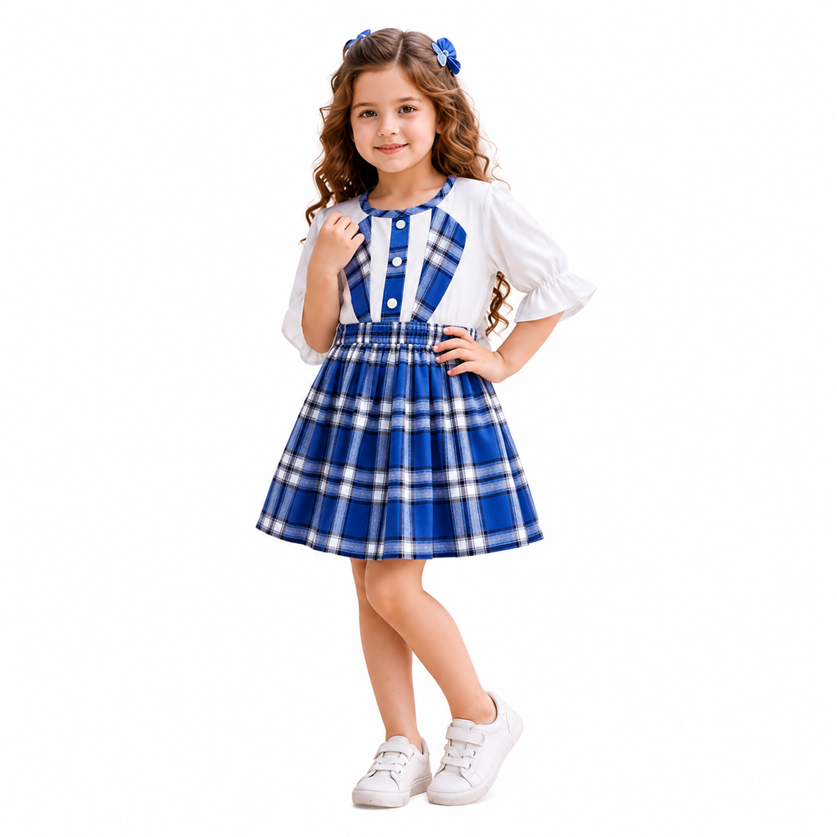 MINI SMILE-Girls Blue Plaid Pinafore Dress & White Shirt Set