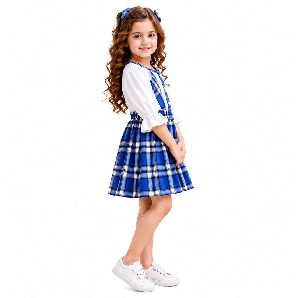 MINI SMILE-Girls Blue Plaid Pinafore Dress & White Shirt Set
