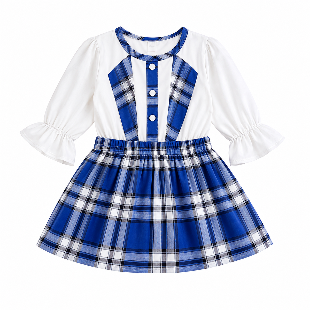 MINI SMILE-Girls Blue Plaid Pinafore Dress & White Shirt Set