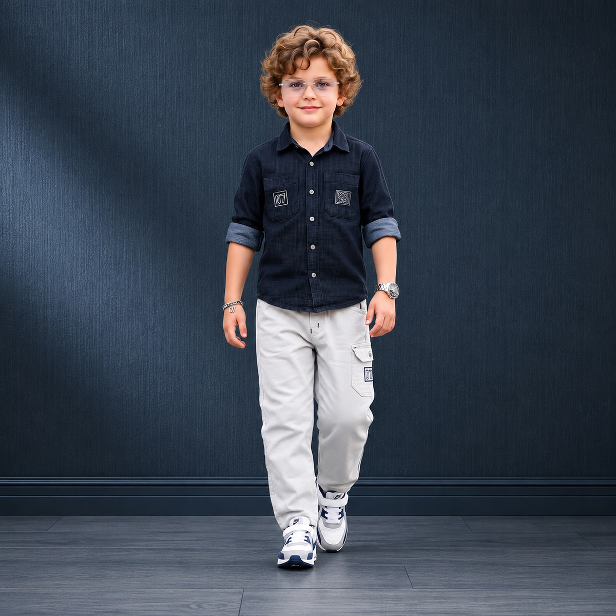 MONITOR-Boys Navy Contrast Collar Shirt & Cream Pants Two-Piece Set