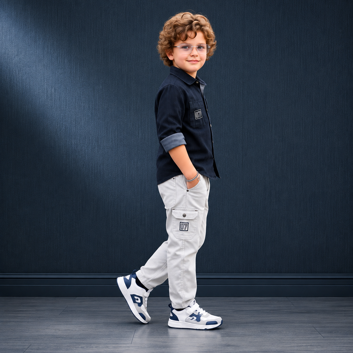 MONITOR-Boys Navy Contrast Collar Shirt & Cream Pants Two-Piece Set