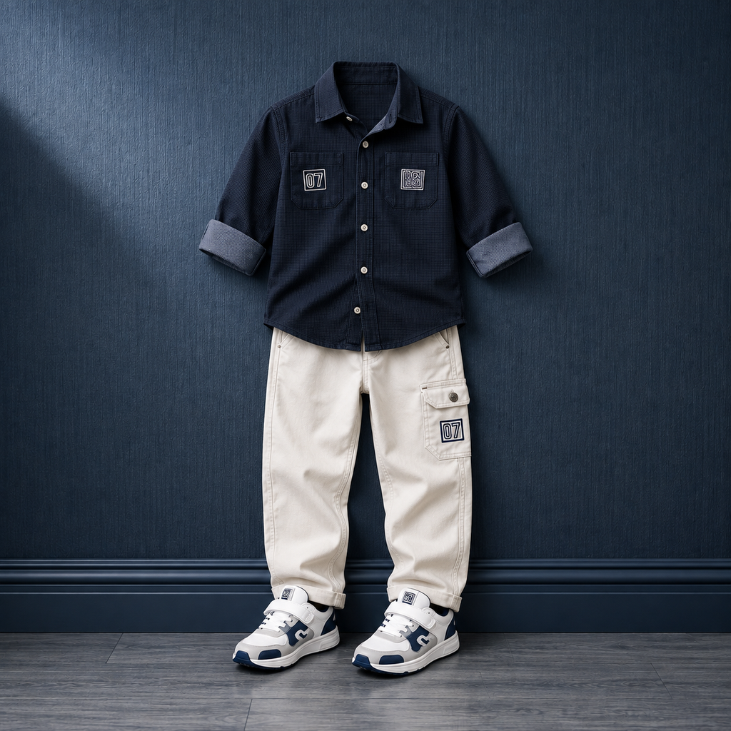 MONITOR-Boys Navy Contrast Collar Shirt & Cream Pants Two-Piece Set