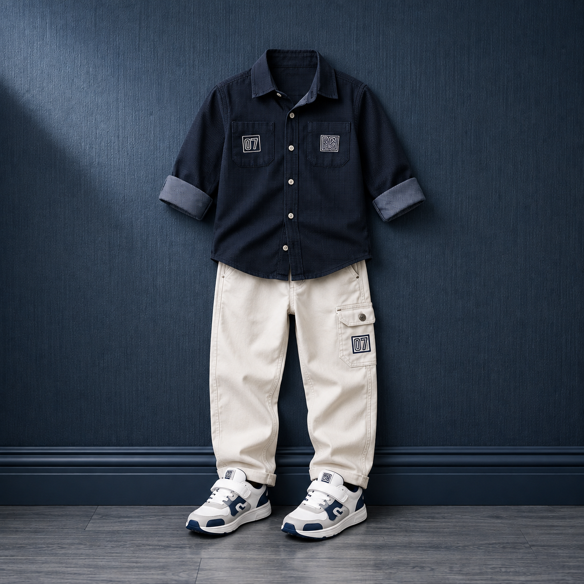 MONITOR-Boys Navy Contrast Collar Shirt & Cream Pants Two-Piece Set