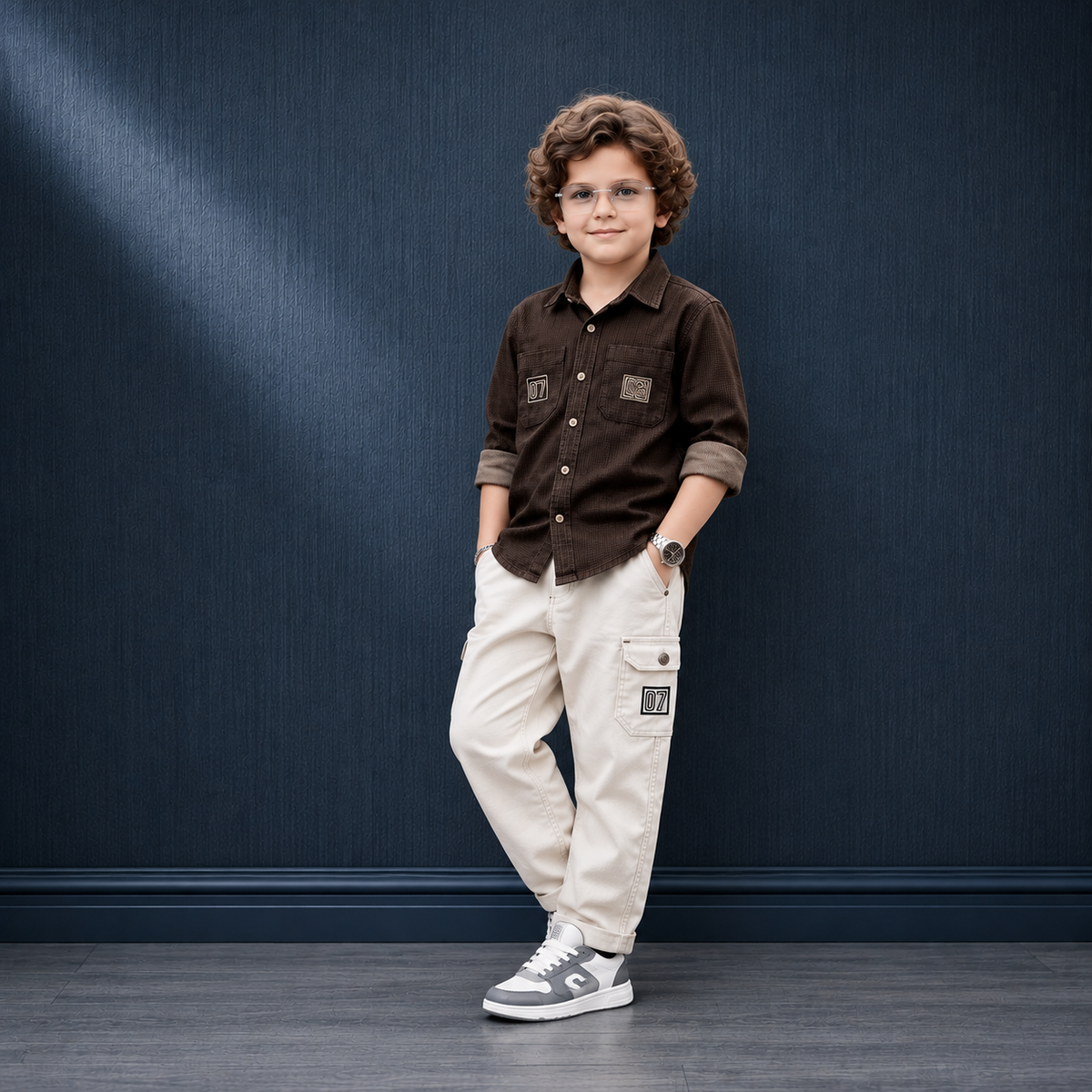 MONITOR-Boys Dark Brown Utility Jacket & Off-White Cargo Pants Set