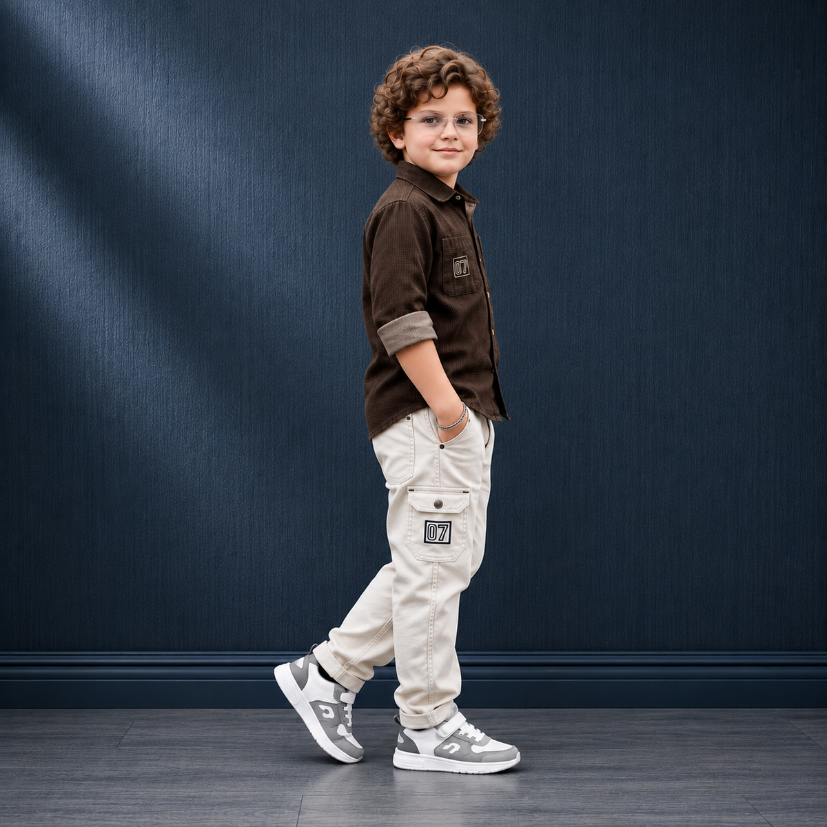 MONITOR-Boys Dark Brown Utility Jacket & Off-White Cargo Pants Set
