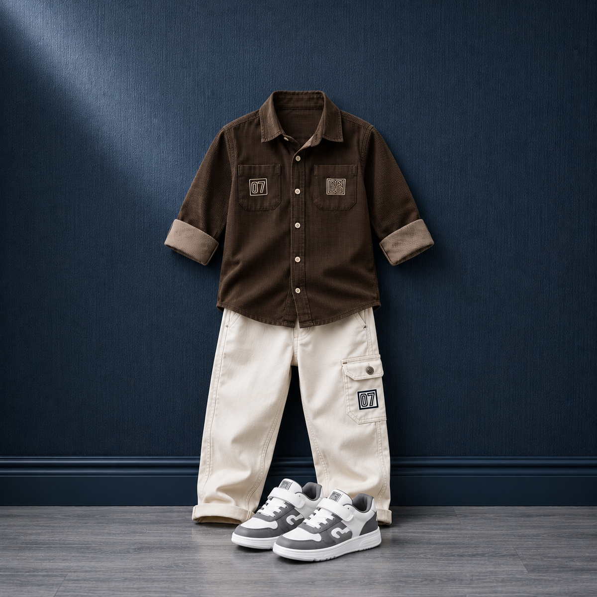 MONITOR-Boys Dark Brown Utility Jacket & Off-White Cargo Pants Set
