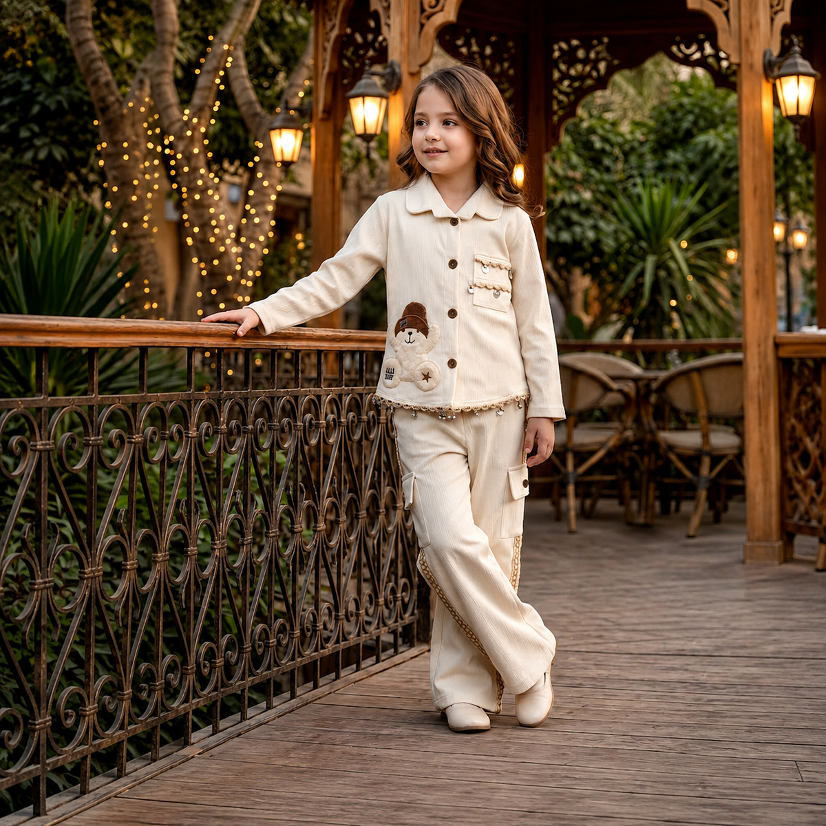 ANGEL,S-Girls Cream Floral Embroidered Jacket & Trousers Co-Ord Set