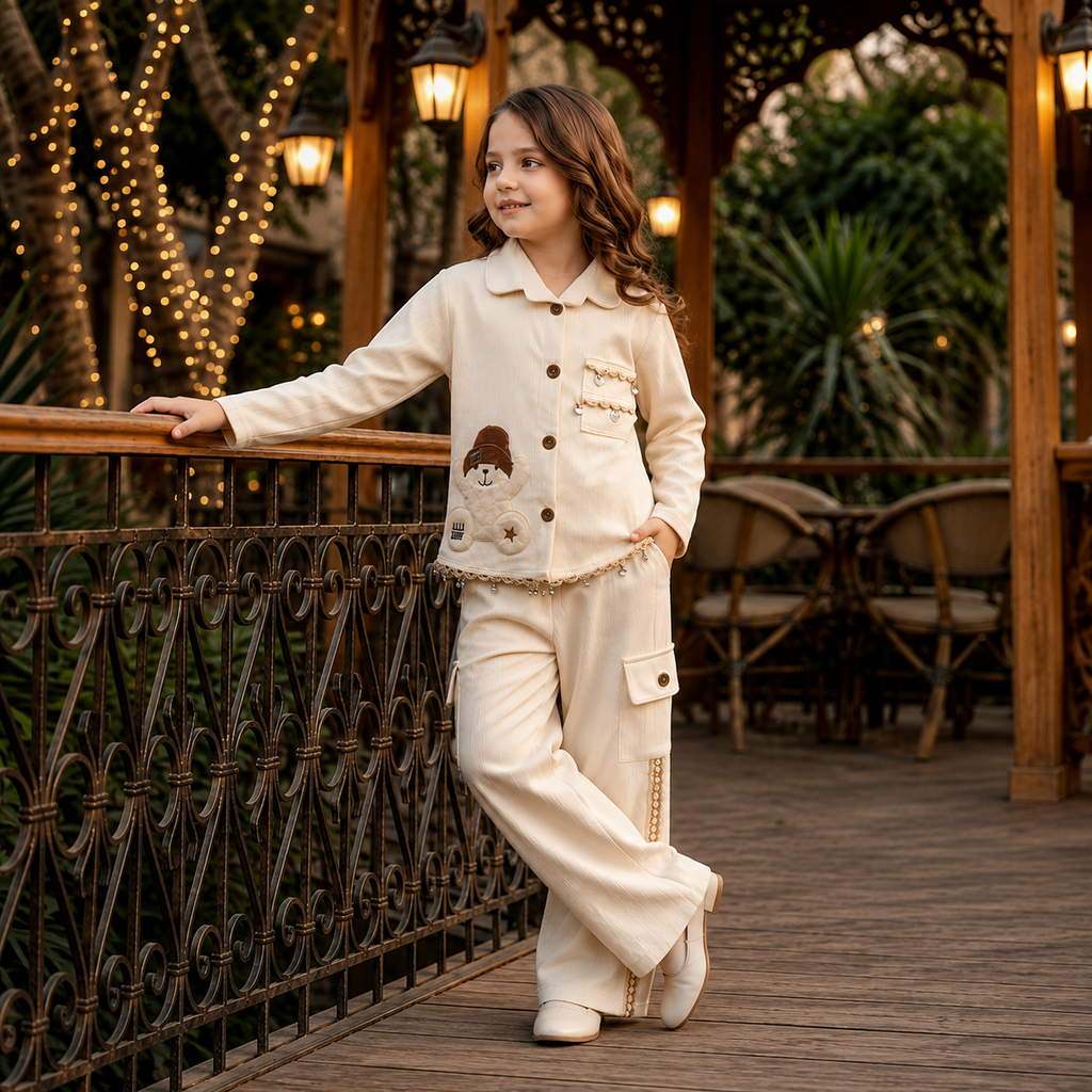 ANGEL,S-Girls Cream Floral Embroidered Jacket & Trousers Co-Ord Set