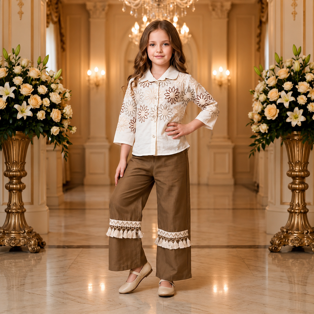 ANGEL,S-Girls White Floral Embroidered Shirt & Brown Trousers Co-Ord Set