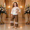 ANGEL,S-Girls White Floral Embroidered Shirt & Brown Trousers Co-Ord Set