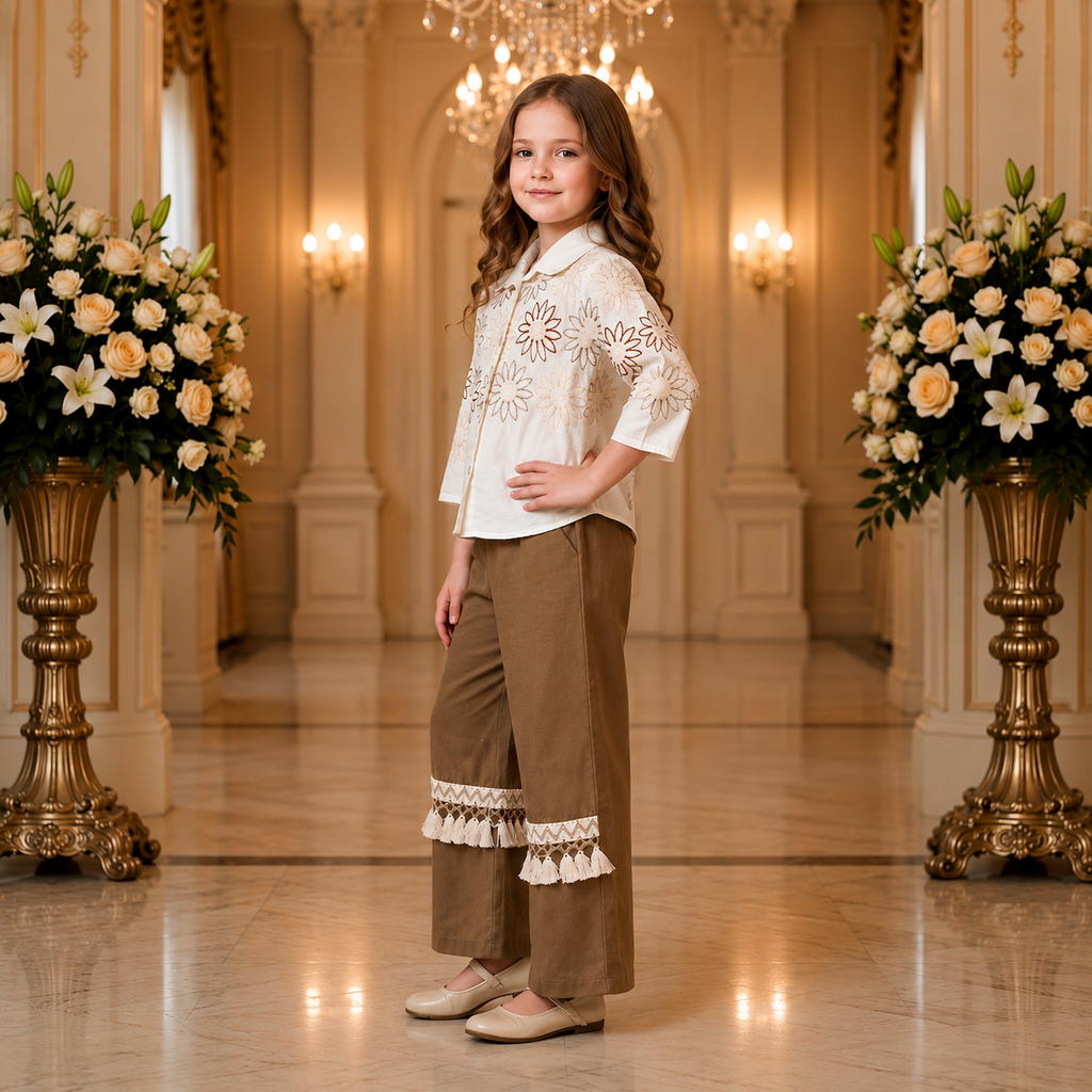 ANGEL,S-Girls White Floral Embroidered Shirt & Brown Trousers Co-Ord Set