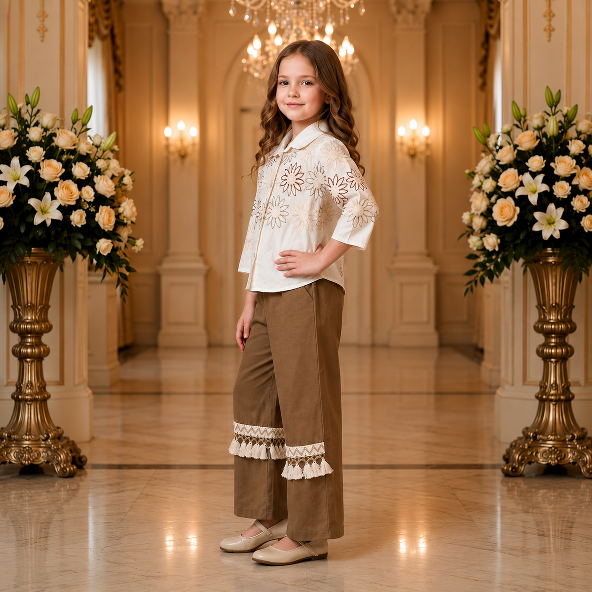 ANGEL,S-Girls White Floral Embroidered Shirt & Brown Trousers Co-Ord Set