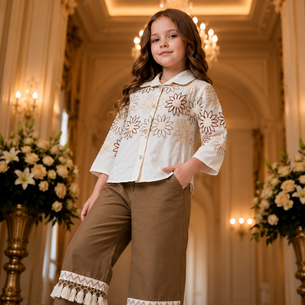 ANGEL,S-Girls White Floral Embroidered Shirt & Brown Trousers Co-Ord Set