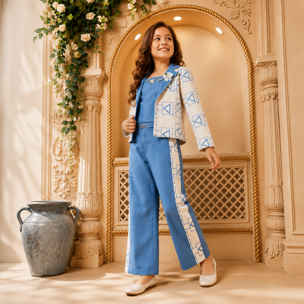 ANGEL,S-Girls Bright Blue Sleeveless Vest & Flared Pants Co-Ord Set