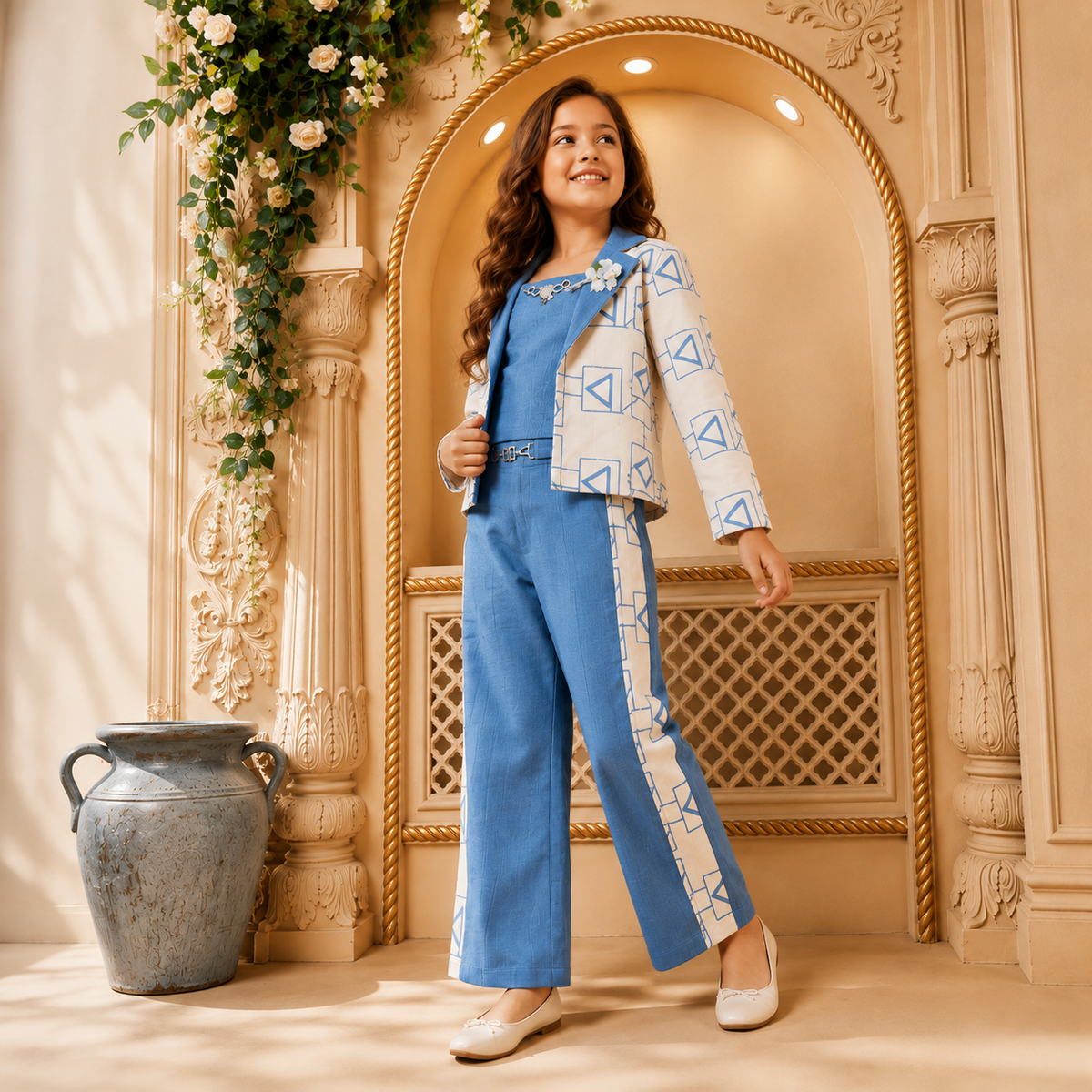 ANGEL,S-Girls Bright Blue Sleeveless Vest & Flared Pants Co-Ord Set
