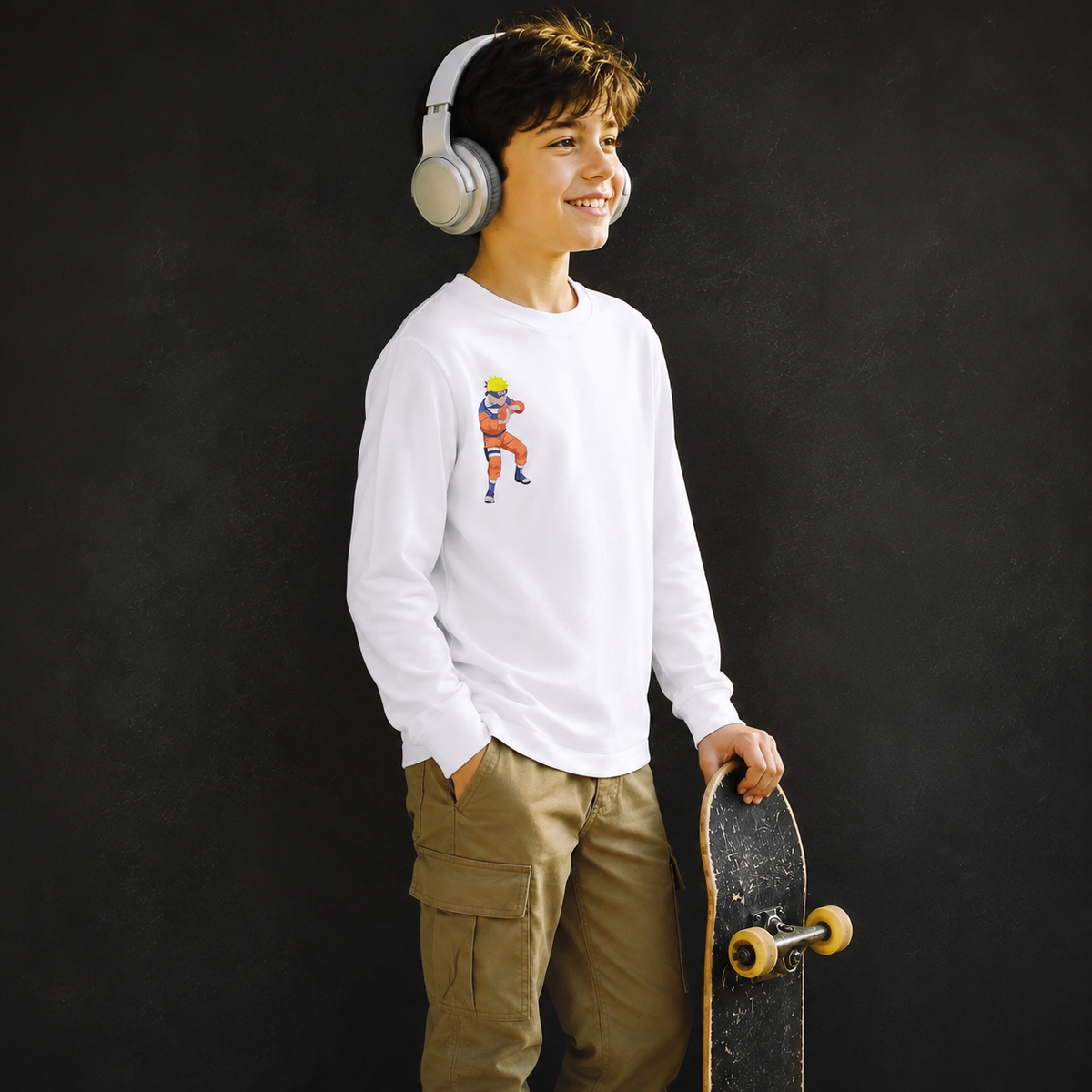 ORBIT-Boys' White Graphic Long-Sleeve Pullover T-Shirt