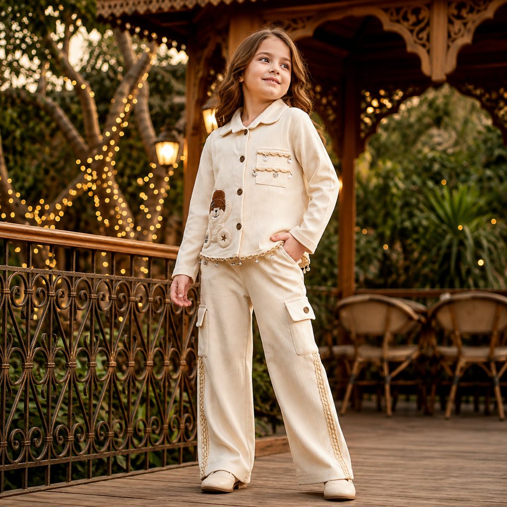 ANGEL,S-Girls Cream Floral Embroidered Jacket & Trousers Co-Ord Set