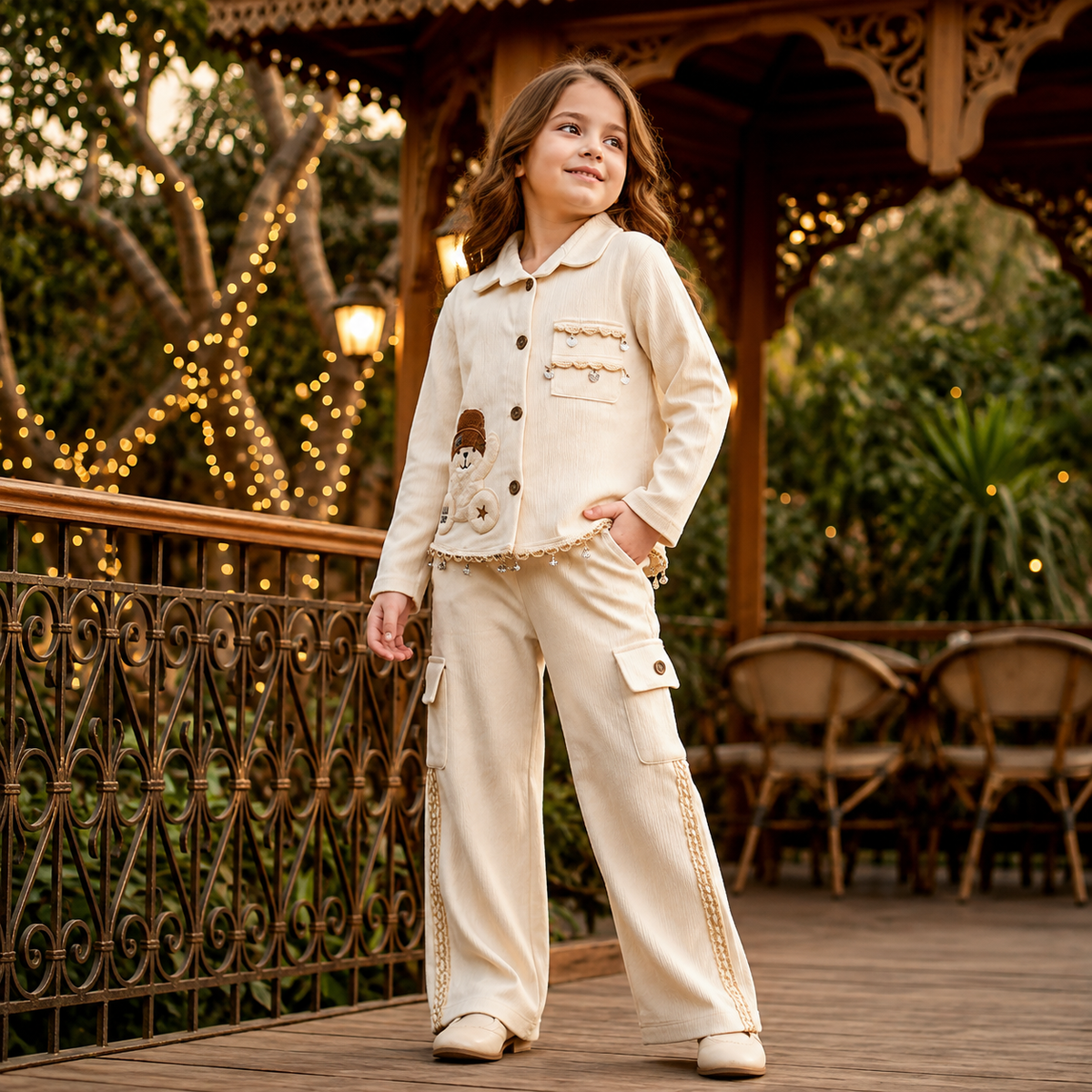 ANGEL,S-Girls Cream Floral Embroidered Jacket & Trousers Co-Ord Set