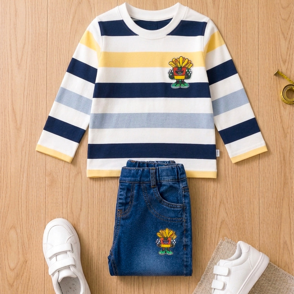 TEENSY-WEENSY|Striped Full-Sleeve Top & Denim Jeans Set