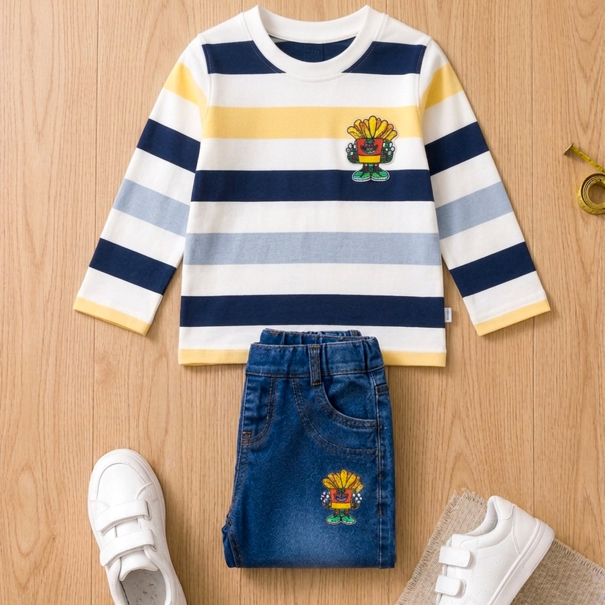 TEENSY-WEENSY|Striped Full-Sleeve Top & Denim Jeans Set