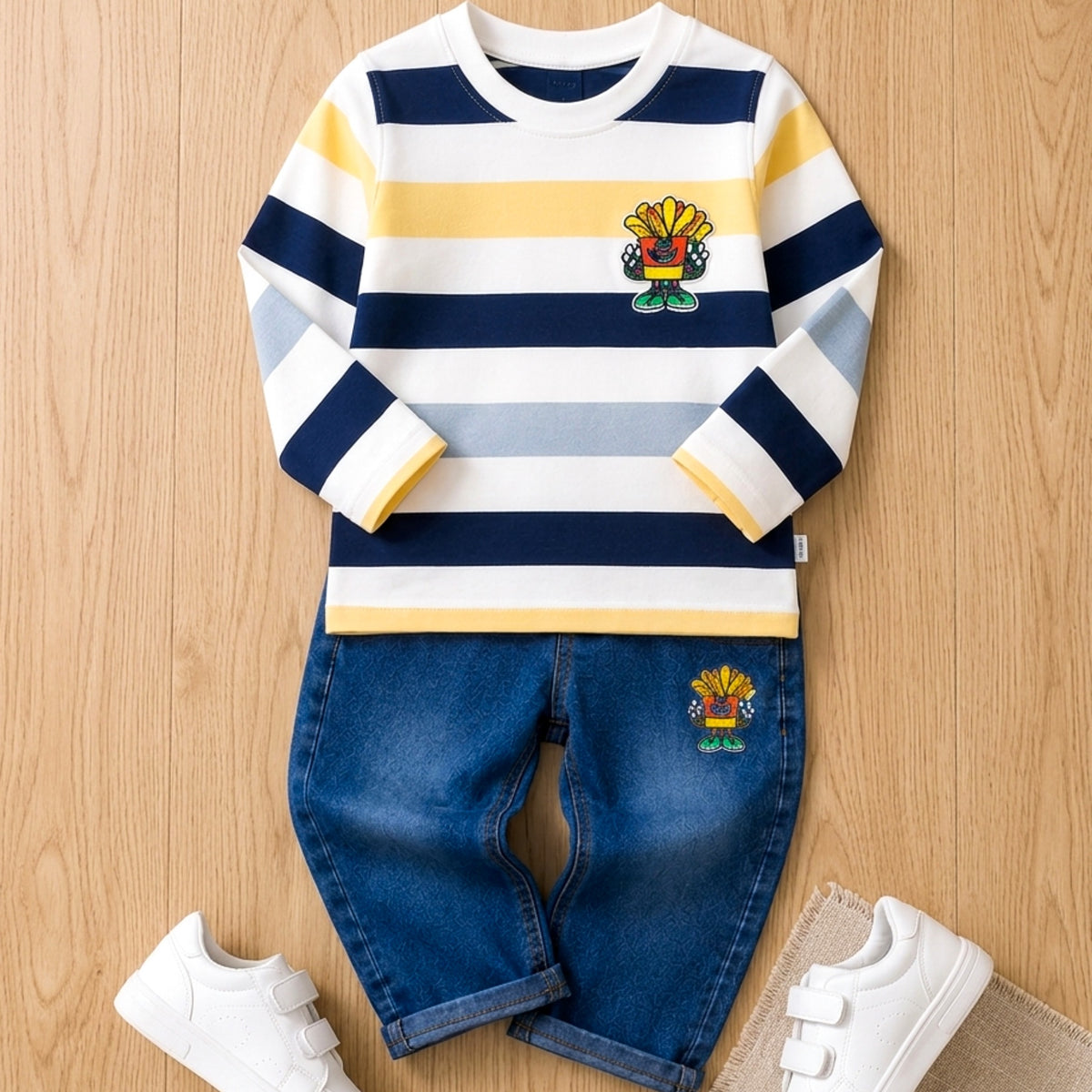 TEENSY-WEENSY|Striped Full-Sleeve Top & Denim Jeans Set