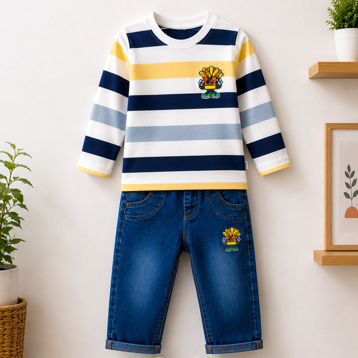 TEENSY-WEENSY|Striped Full-Sleeve Top & Denim Jeans Set