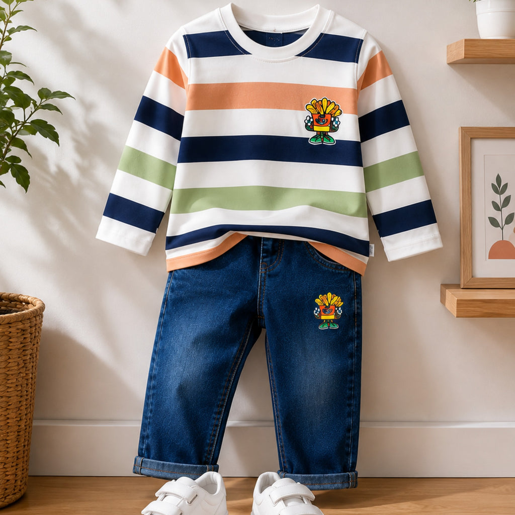 TEENSY-WEENSY|Striped Full-Sleeve Top & Denim Jeans Set