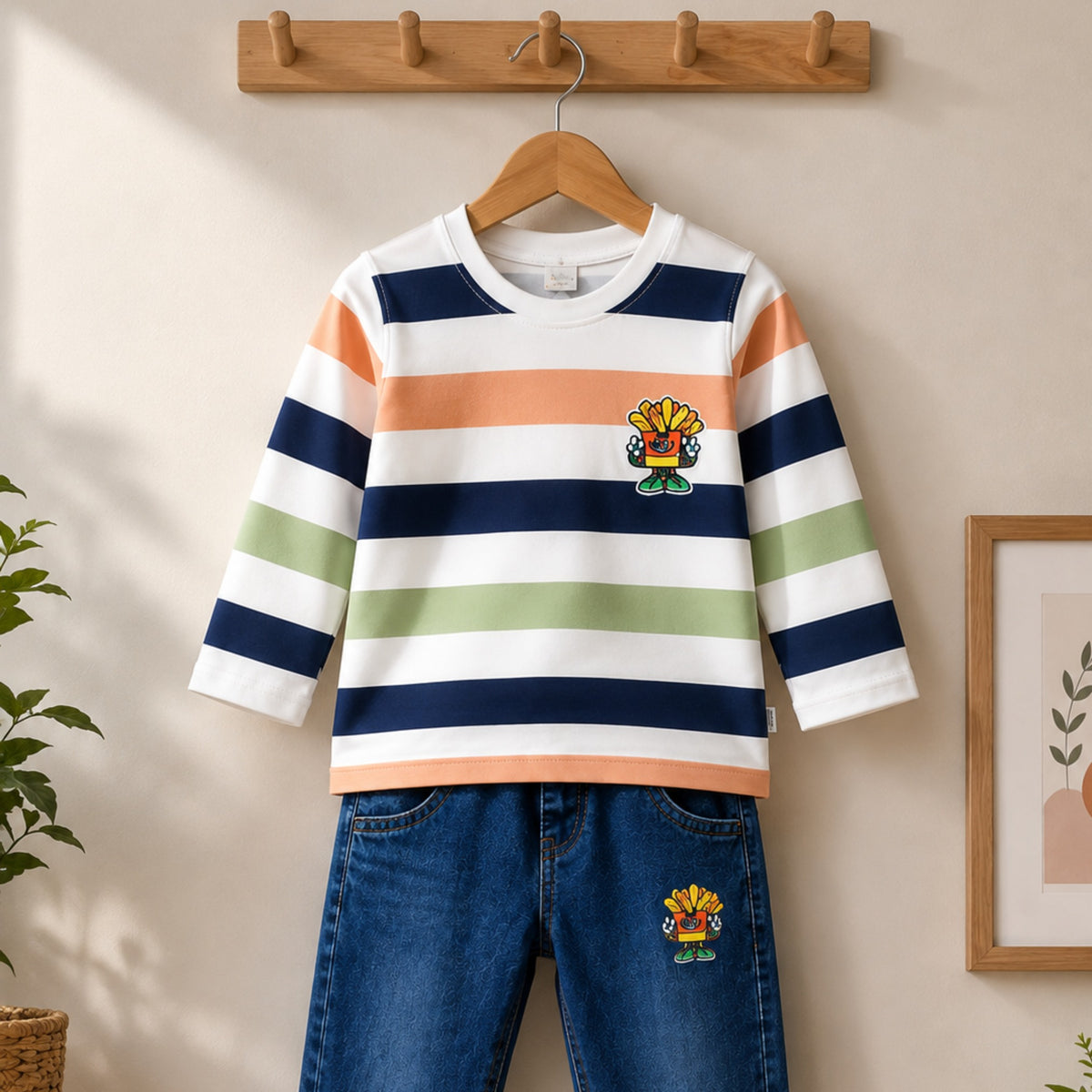 TEENSY-WEENSY|Striped Full-Sleeve Top & Denim Jeans Set