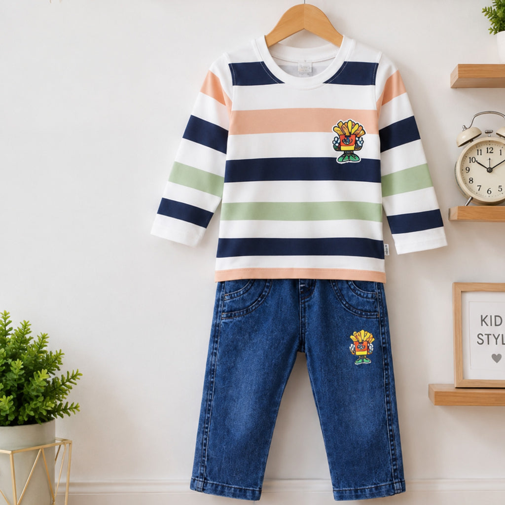 TEENSY-WEENSY|Striped Full-Sleeve Top & Denim Jeans Set