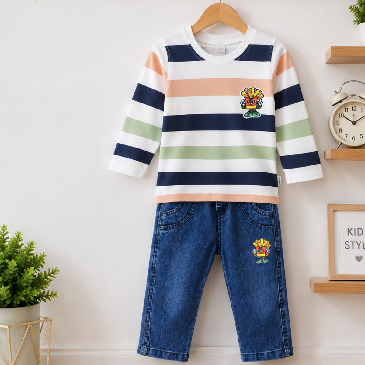 TEENSY-WEENSY|Striped Full-Sleeve Top & Denim Jeans Set
