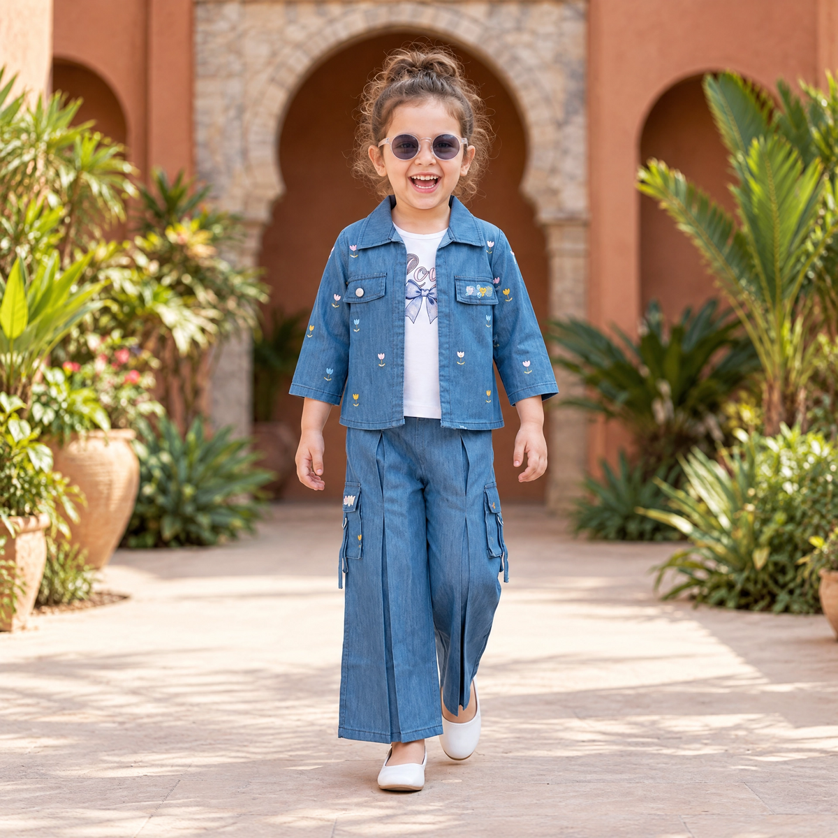 AIR RING-Kids Blue Denim Jacket & Wide-Leg Jeans Set