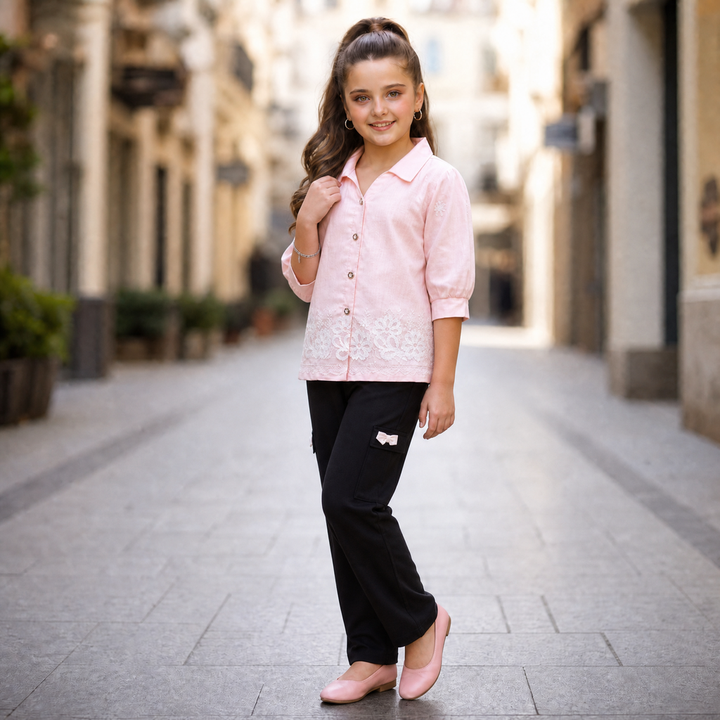 FIRST BABY-Girls Light Pink Floral Lace Embroidered Shirt & Black Pants Set