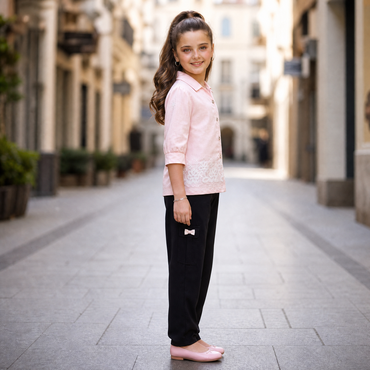 FIRST BABY-Girls Light Pink Floral Lace Embroidered Shirt & Black Pants Set