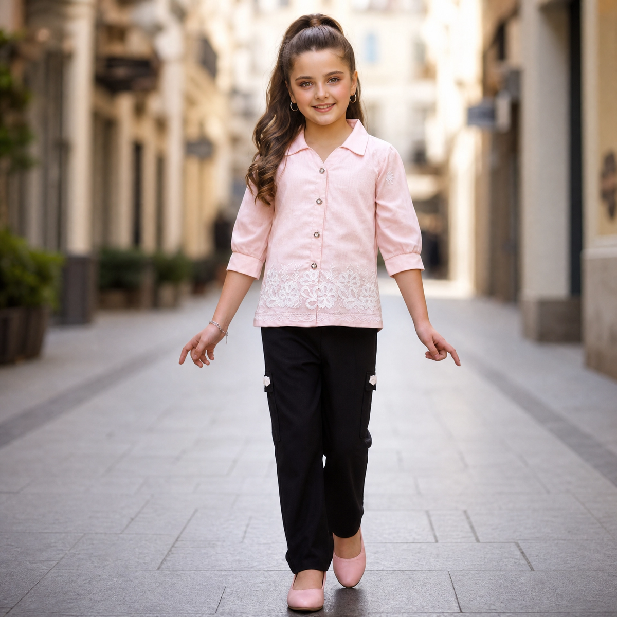 FIRST BABY-Girls Light Pink Floral Lace Embroidered Shirt & Black Pants Set
