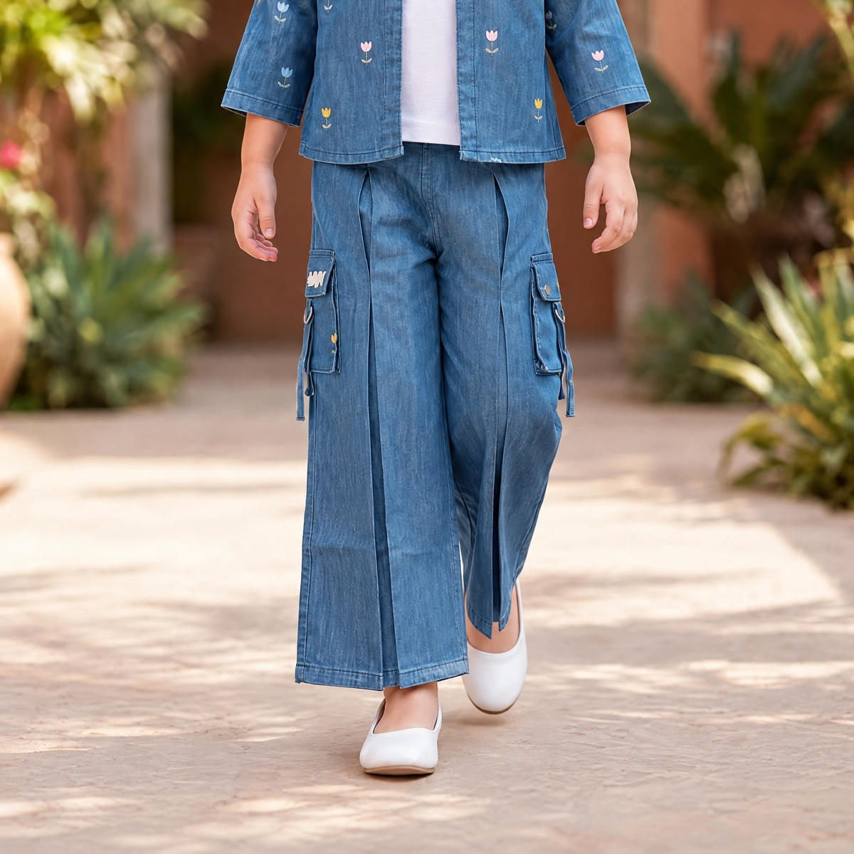 AIR RING-Kids Blue Denim Jacket & Wide-Leg Jeans Set
