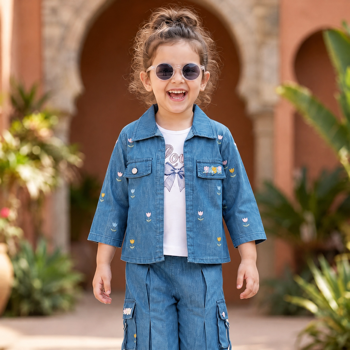 AIR RING-Kids Blue Denim Jacket & Wide-Leg Jeans Set