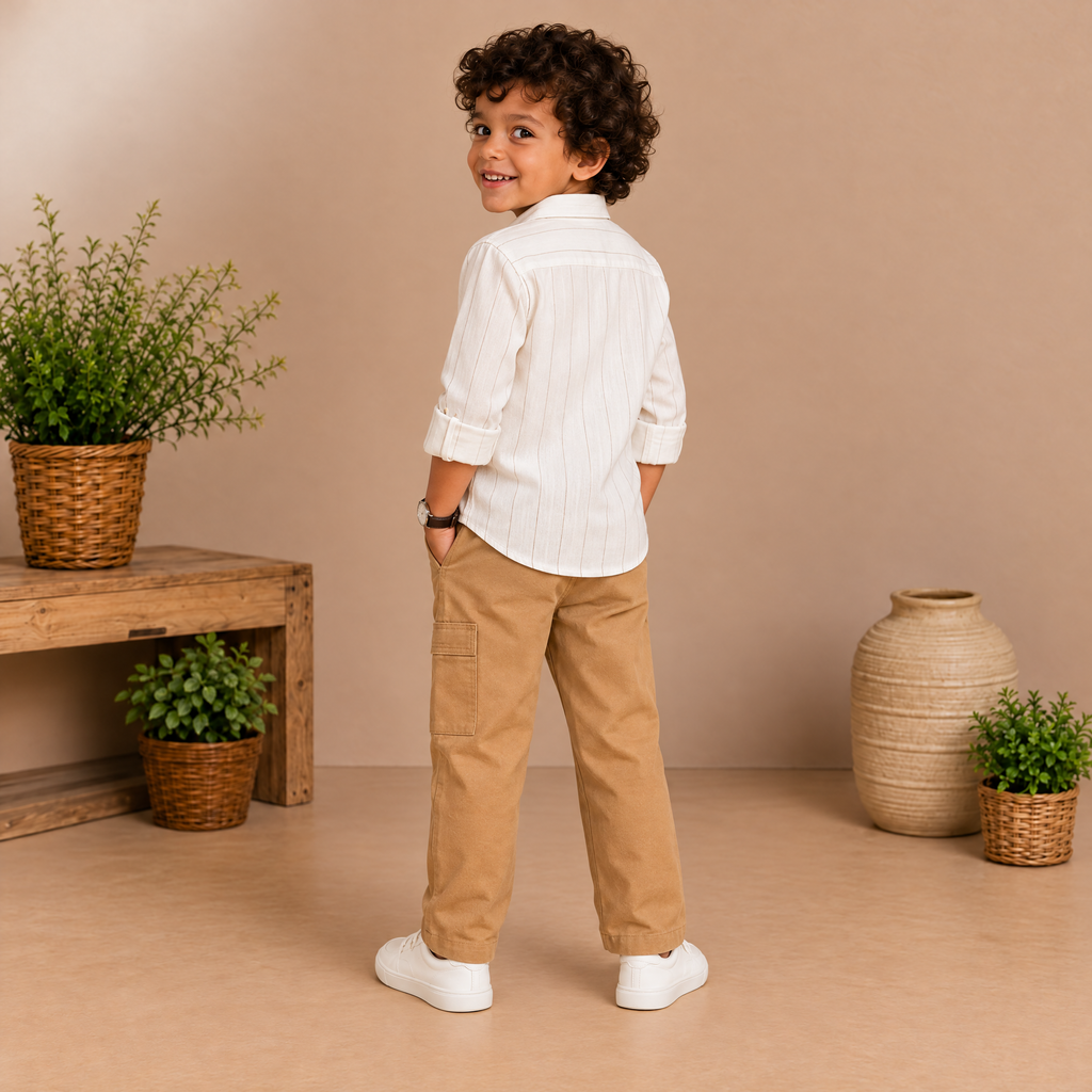 WHITE ALMOND-Kid's White Shirt & Almond Trouser Casual Outfit Set
