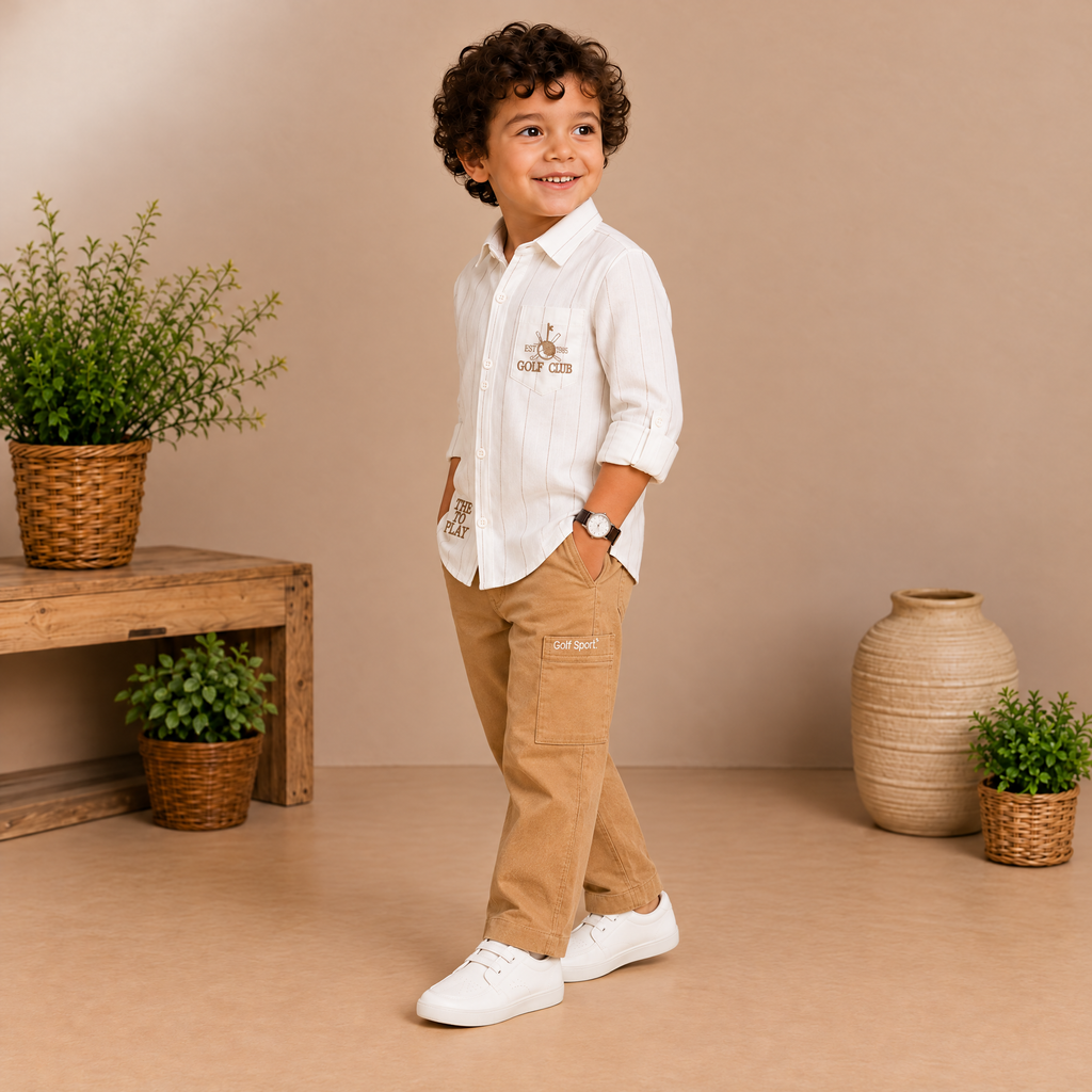 WHITE ALMOND-Kid's White Shirt & Almond Trouser Casual Outfit Set
