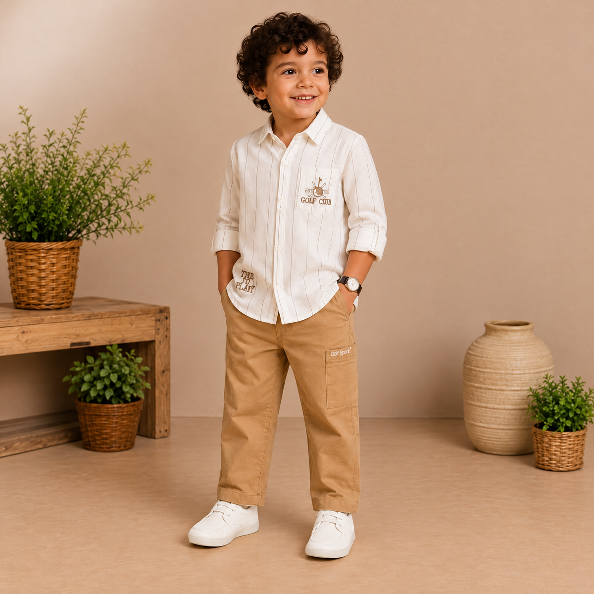 WHITE ALMOND-Kid's White Shirt & Almond Trouser Casual Outfit Set