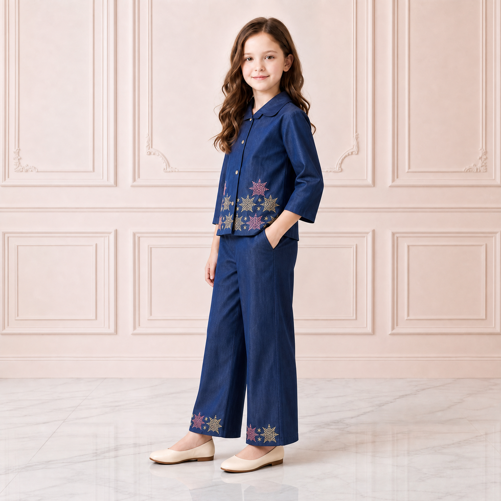 ANGEL,S-Girls Navy Blue Denim Shirt & Trousers Co-Ord Set
