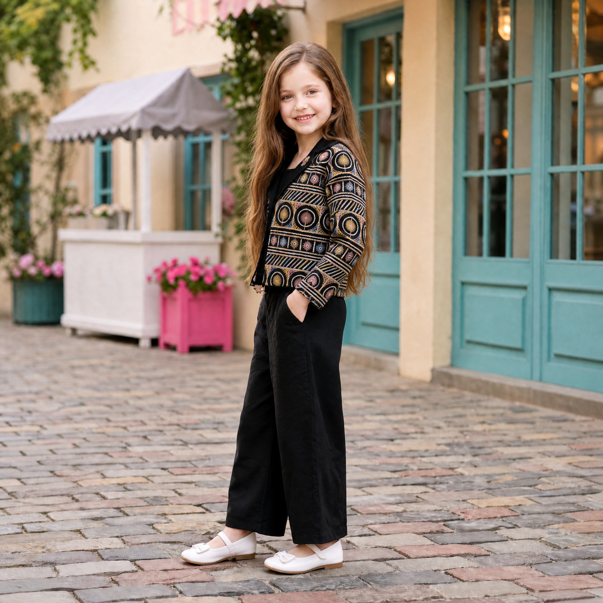ANGEL,S-Girls Black Embroidered Open-Front Jacket & Wide-Leg Pants Set
